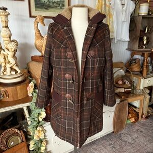 Womens Brown Plaid Toggle Coat with Faux Fur Hood
